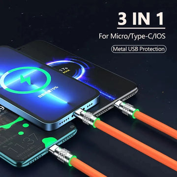 3-in-1 Fast Charging Cable – 120W USB Micro & Type-C for iPhone, Samsung, Xiaomi